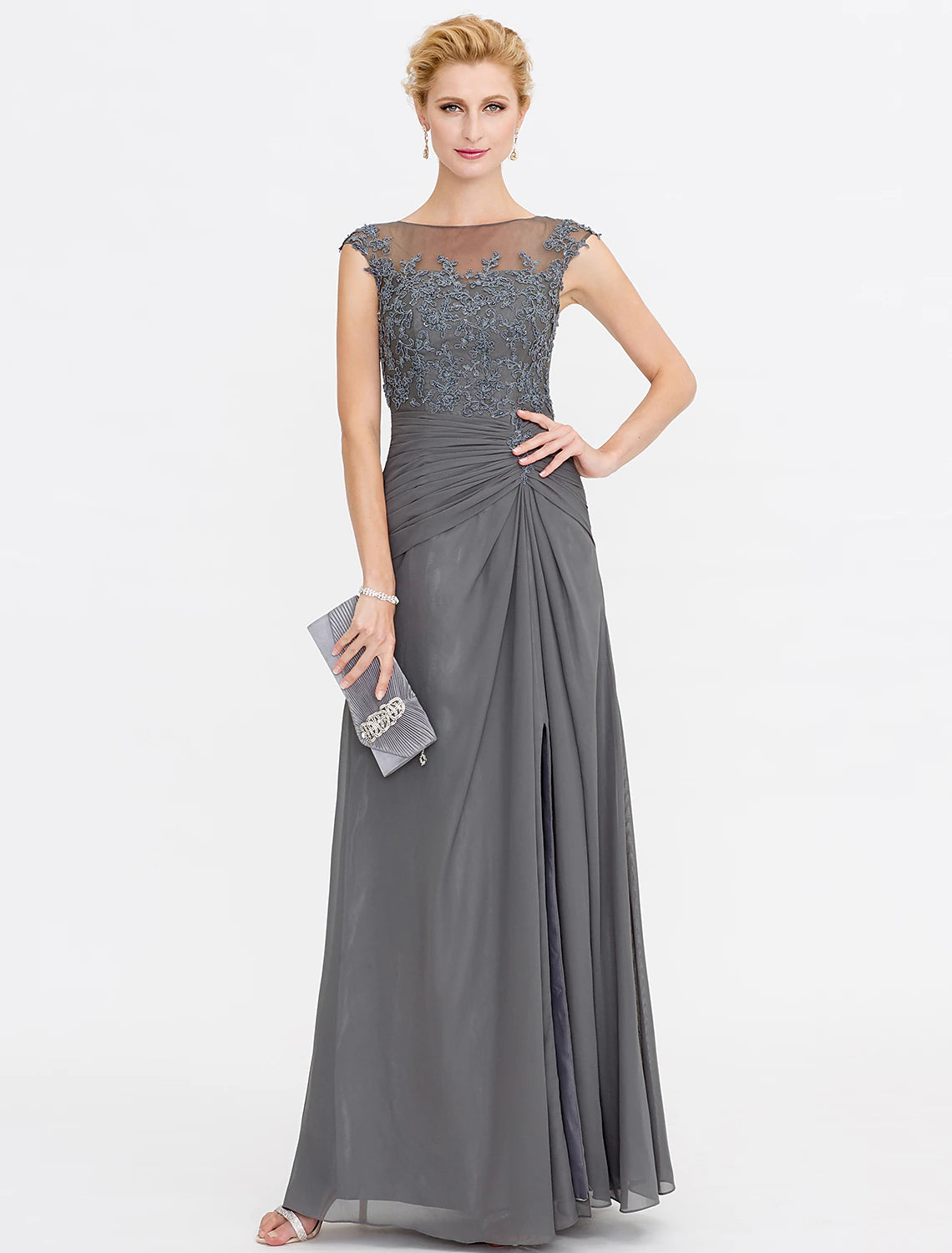 A-Linie Kleid für die Brautmutter, Hochzeitsgast, elegant, durchsichtig, Bateau-Ausschnitt, bodenlang, Chiffon, Spitze, ärmellos, mit seitlicher Drapierung