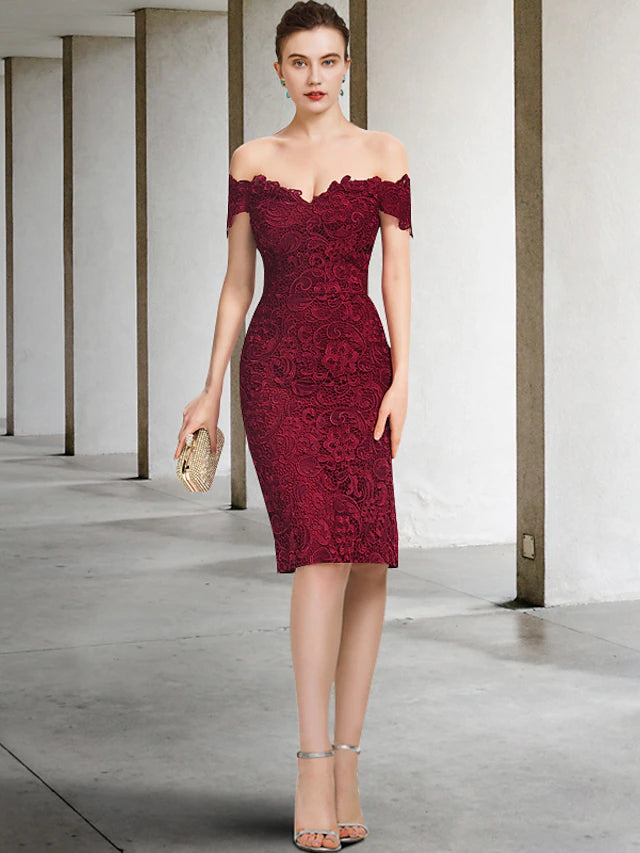 Two Piece Sheath / Column Mother of the Bride Dress Formal Wedding Guest Party Elegant Off Shoulder Knee Length Chiffon Lace Short Sleeve with Appliques