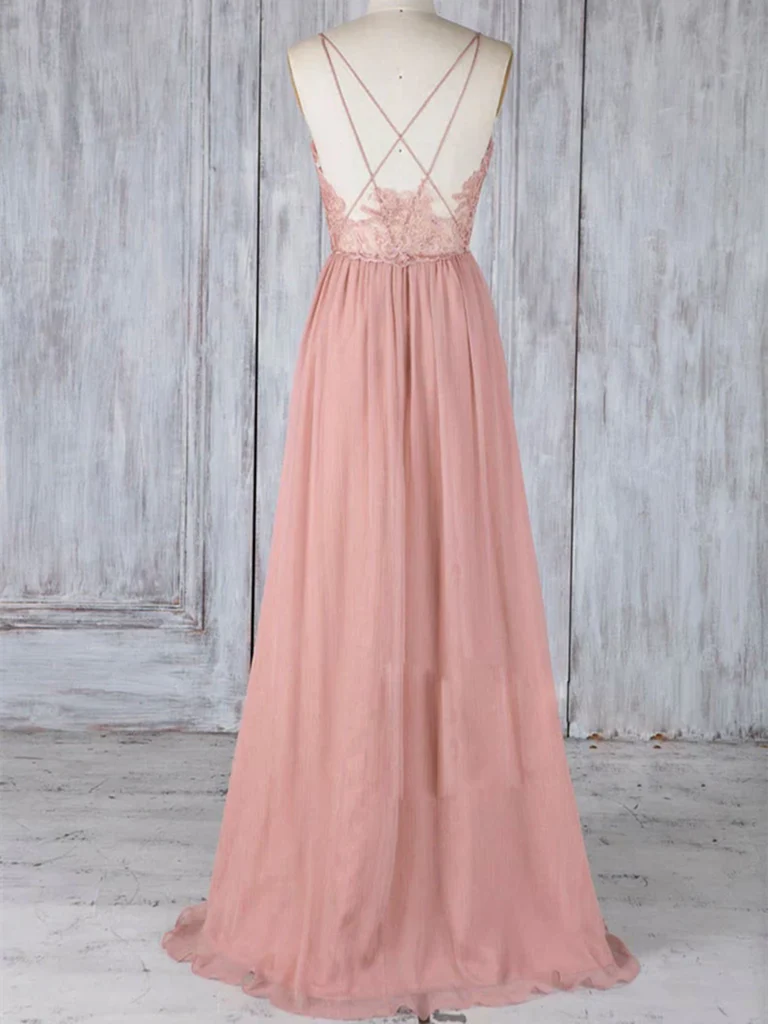 A Line V Neck Chiffon Lace Backless Long Prom Dresses Formal Evening Dresses