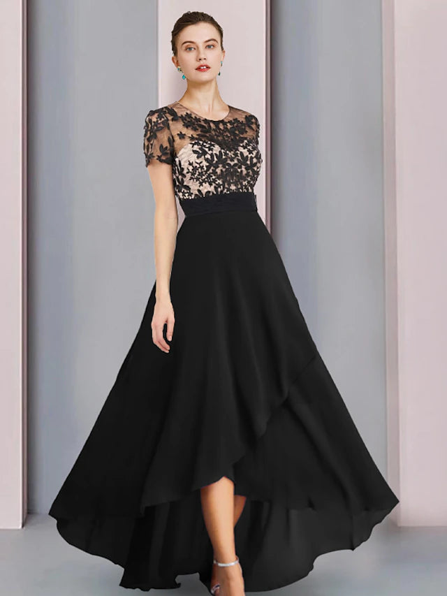 Sheath / Column Mother of the Bride Dress Wedding Guest Vintage Elegant Scoop Neck Asymmetrical Chiffon Short Sleeve with Lace Pleats