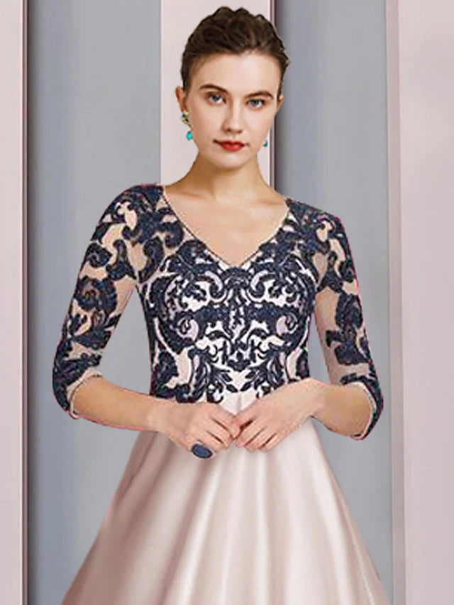 A-Line Mother of the Bride Dress Formal Church Party Elegant V Neck Tea Length Satin Lace 3/4 Length Sleeve with Appliques