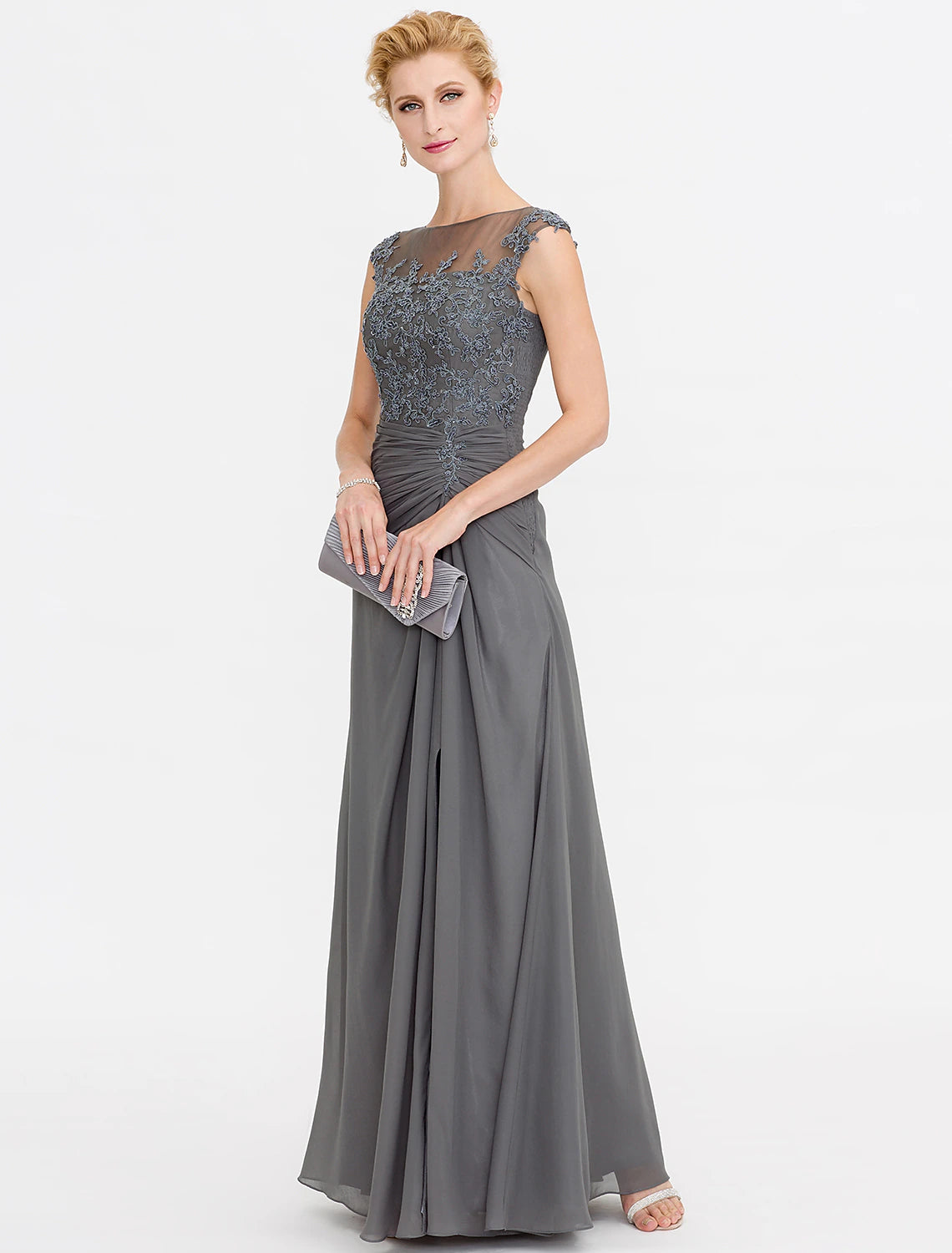 A-Linie Kleid für die Brautmutter, Hochzeitsgast, elegant, durchsichtig, Bateau-Ausschnitt, bodenlang, Chiffon, Spitze, ärmellos, mit seitlicher Drapierung