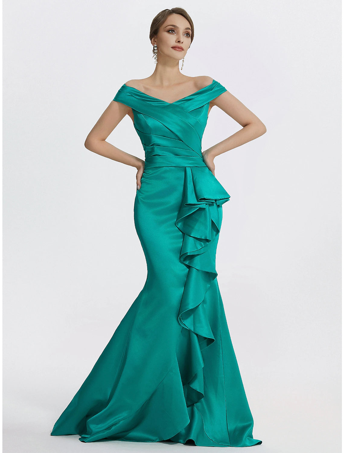 Sheath / Column Evening Gown Elegant Dress Formal Floor Length Sleeveless Off Shoulder Satin with Ruffles