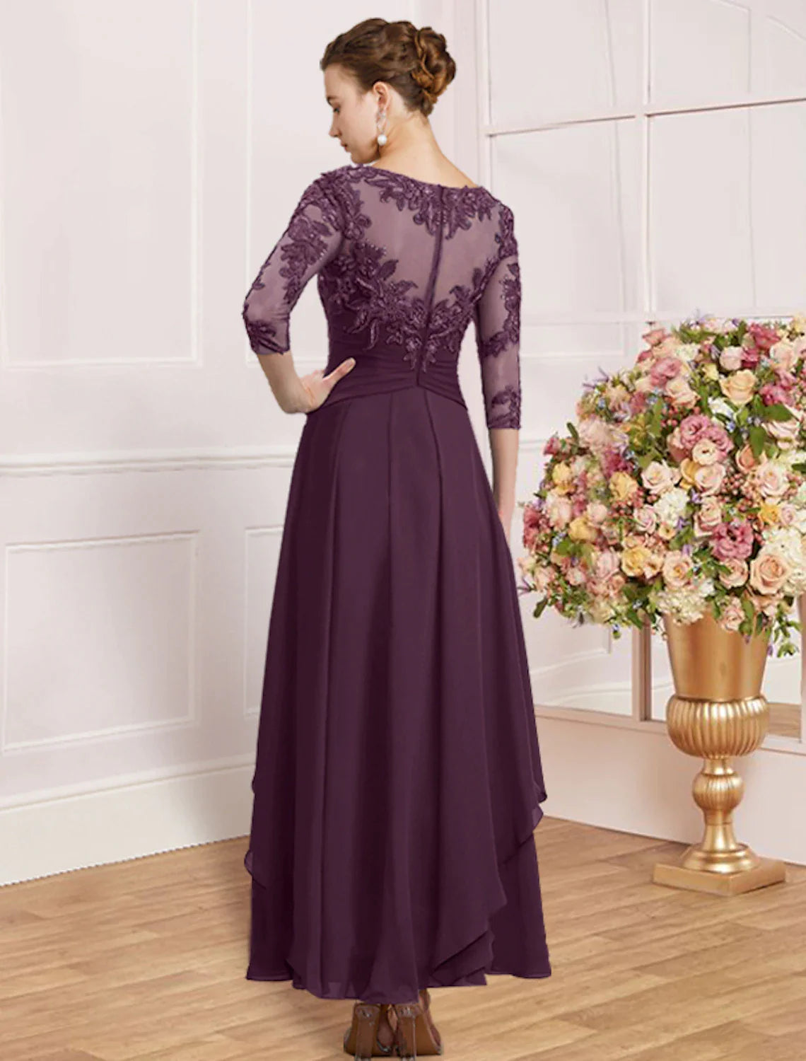 Sheath / Column Mother of the Bride Dress Wedding Guest Elegant Simple Jewel Neck Ankle Length Chiffon Lace 3/4 Length Sleeve with Pleats Sequin