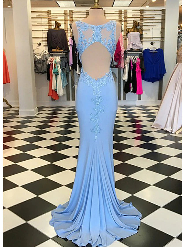 Trumpet/Mermaid Scalloped Neck Sleeveless Sweep Train Satin Prom Dress With Appliqued