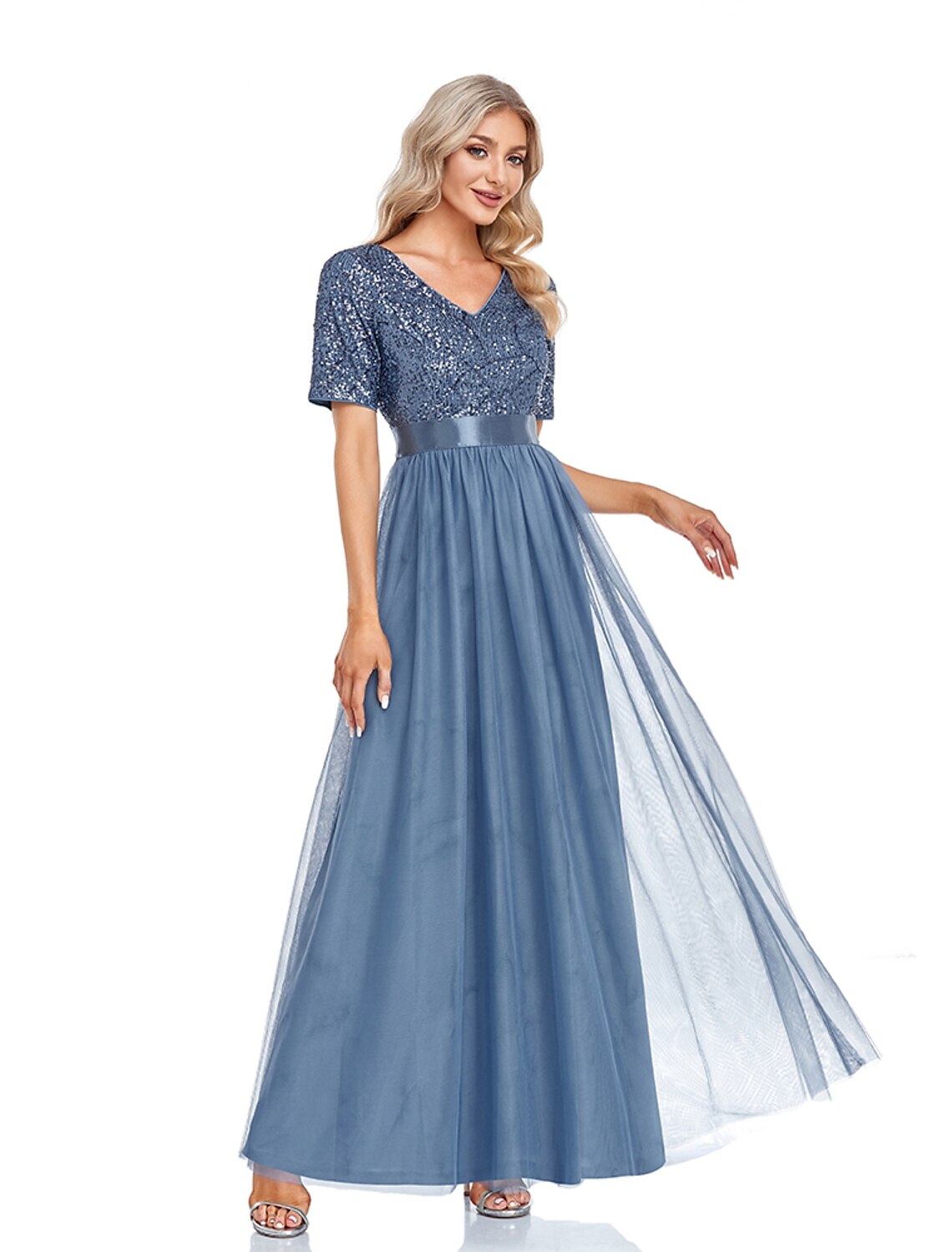 A-Line Evening Gown Elegant Dress Wedding Guest Floor Length Short Sleeve V Neck Tulle with Sequin Splicing