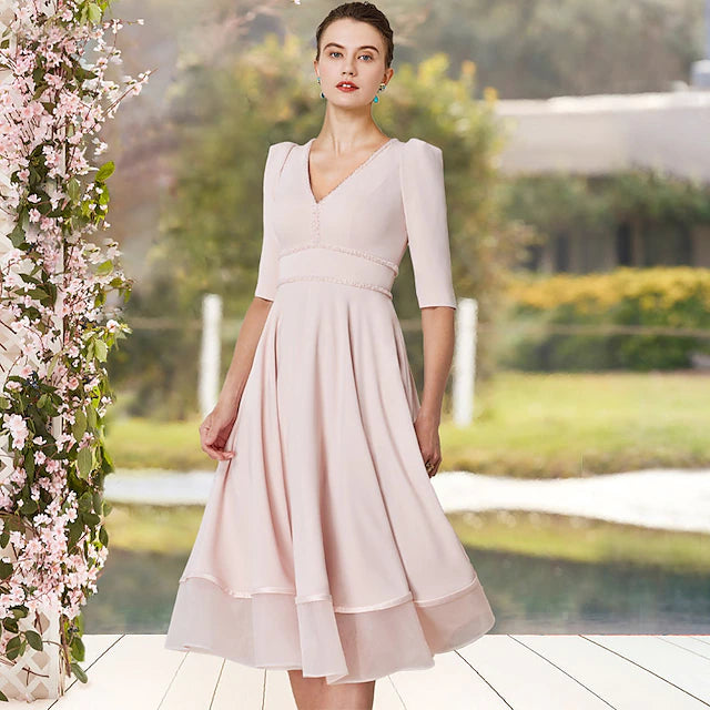 A-Line Mother of the Bride Dress Elegant V Neck Tea Length Stretch Chiffon Half Sleeve with Beading Solid Color