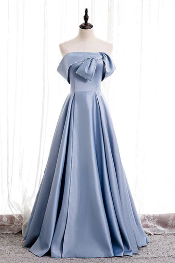A-line Folded Strapless Satin Lace-Up Pearl Beaded Maxi Formal Dress