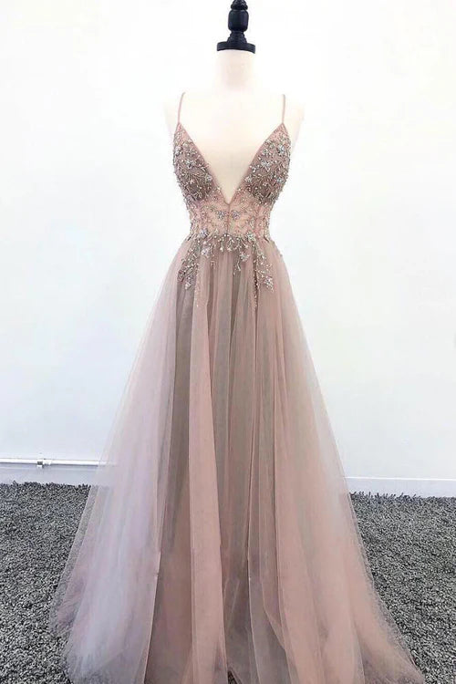 A-line Beaded V-Neck Spaghtti Straps Light Prom Dresses with Split Prom Dresses