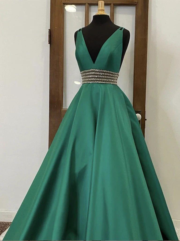 V Neck Satin Long Prom Dresses