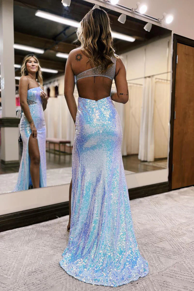 Mermaid Charming Sparkly One Shoulder Blue Sequins Long Prom Dresses with Beading