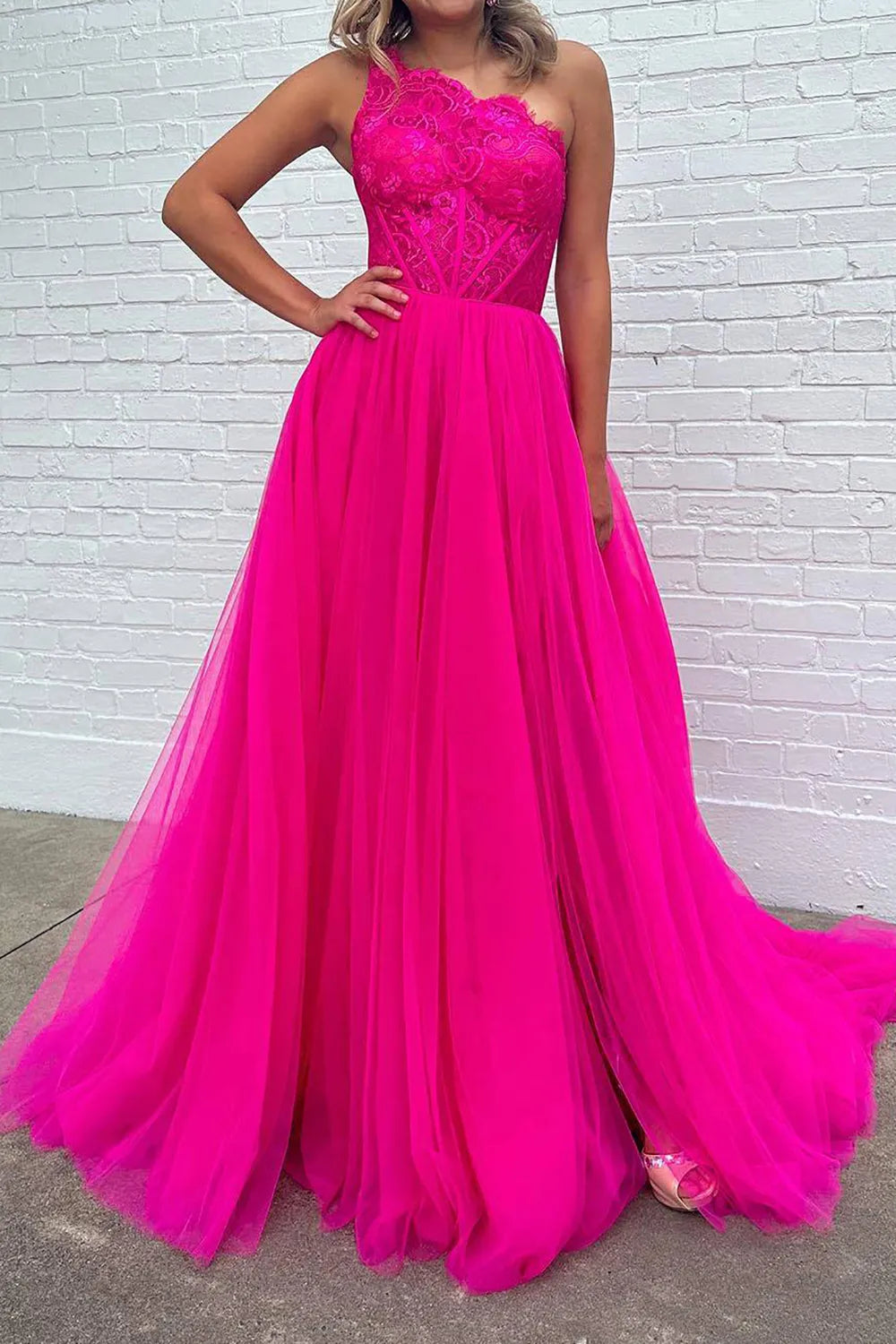 A Line One Shoulder Corset Prom Dress with Split Front