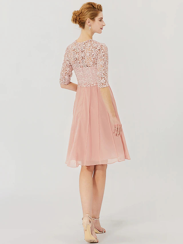 Ball Gown Mother of the Bride Dress Formal Classic & Timeless Elegant & Luxurious Convertible Dress Illusion Neck Knee Length Chiffon Floral Lace 3/4 Length Sleeve with Crystal Brooch