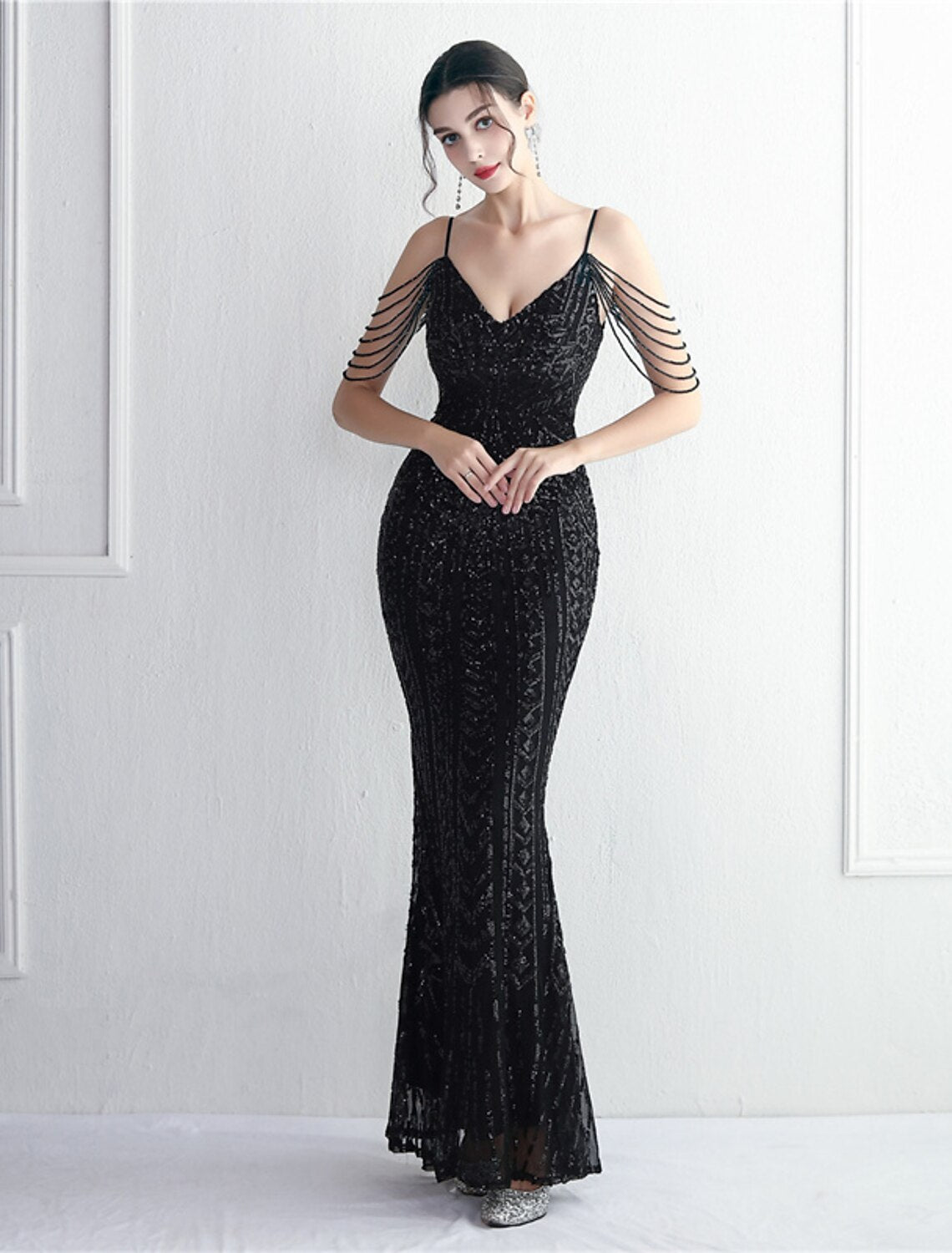 Mermaid / Trumpet Evening Gown Sparkle & Shine Dress Formal Floor Length Short Sleeve Spaghetti Strap Polyester with Beading Sequin
