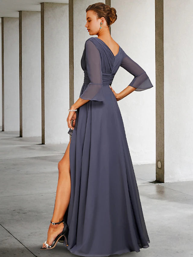 A-Line Mother of the Bride Dress Elegant High Low V Neck Asymmetrical Floor Length Chiffon 3/4 Length Sleeve with Split Front Ruching