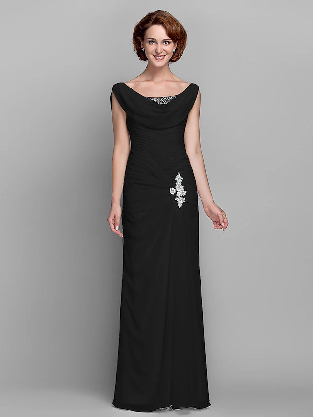 Sheath / Column Mother of the Bride Dress Vintage Inspired Cowl Neck Floor Length Chiffon Sleeveless with Buttons Criss Cross Crystals