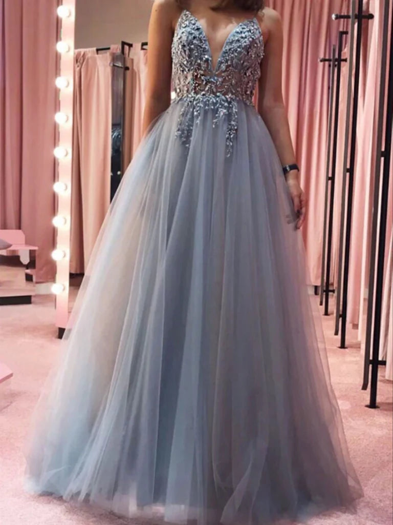 A-line V Neck Tulle Lace Long Prom Dress Formal Evening Dresses