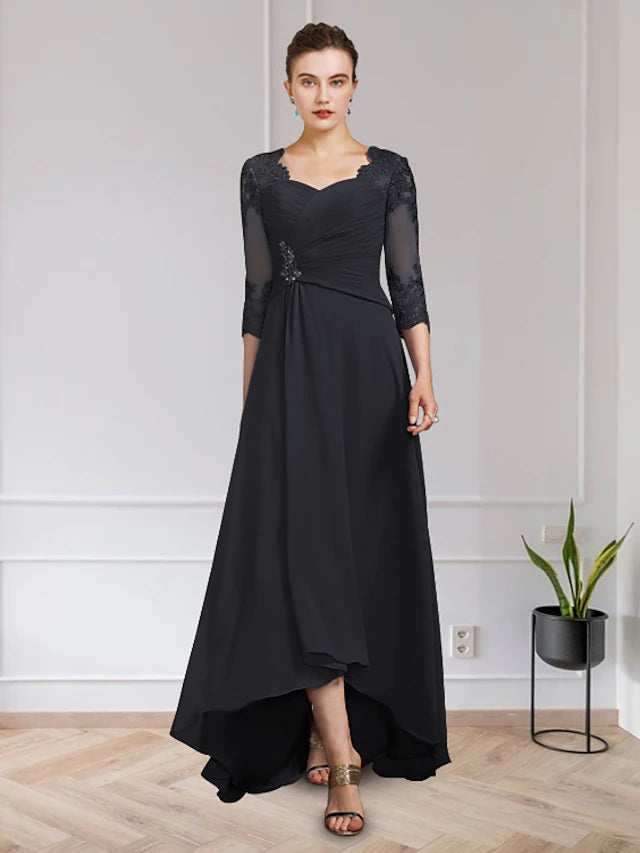 A-Line Mother of the Bride Dress Elegant High Low V Neck Asymmetrical Floor Length Chiffon Lace Half Sleeve with Appliques Ruching