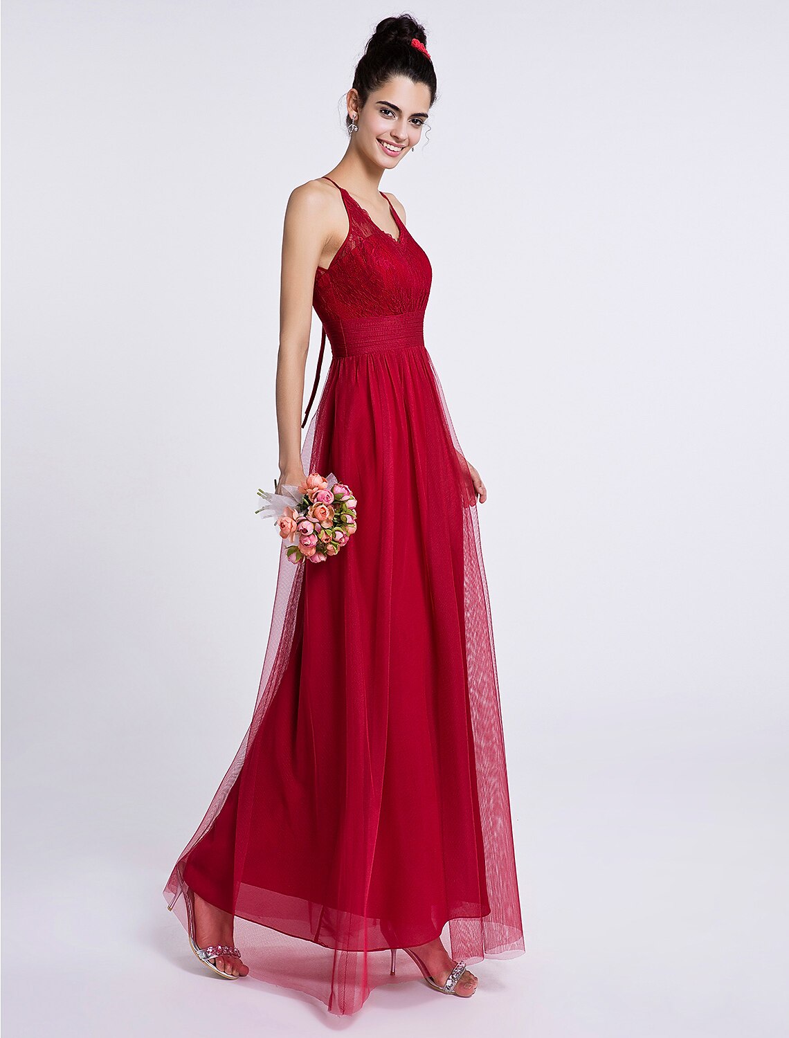 Etui-/Säulenkleid für die Brautjungfer, Neckholder, ärmellos, durchsichtig, knöchellang, Spitze/Tüll mit Spitze