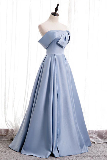 A-line Folded Strapless Satin Lace-Up Pearl Beaded Maxi Formal Dress