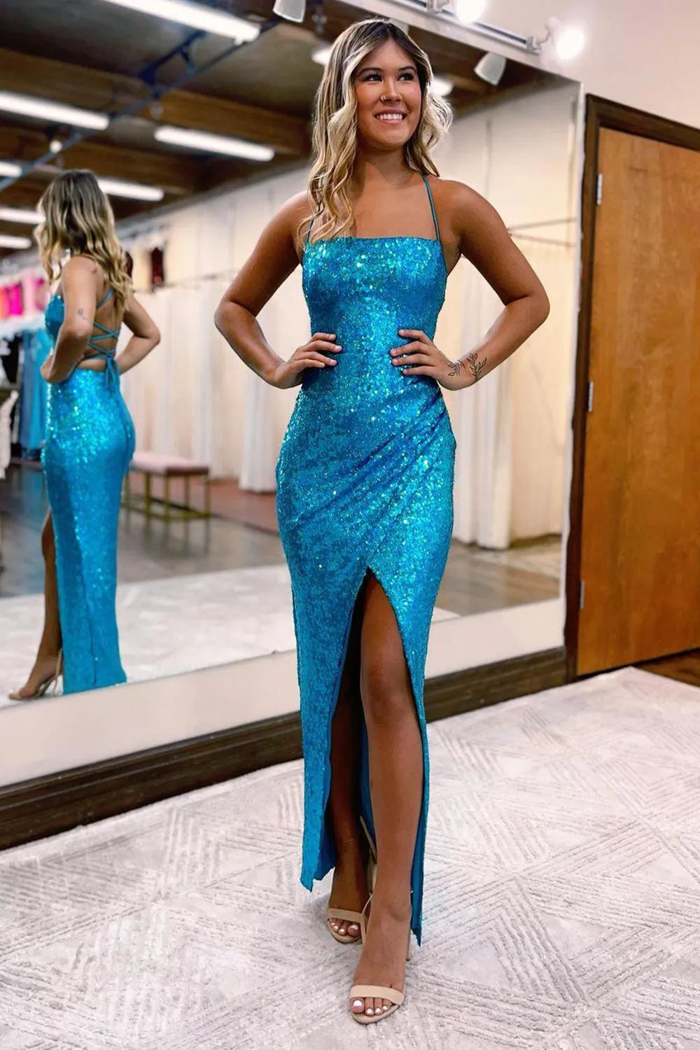 Sheath Spaghetti Straps Sequins Long Prom Dress with Split Front