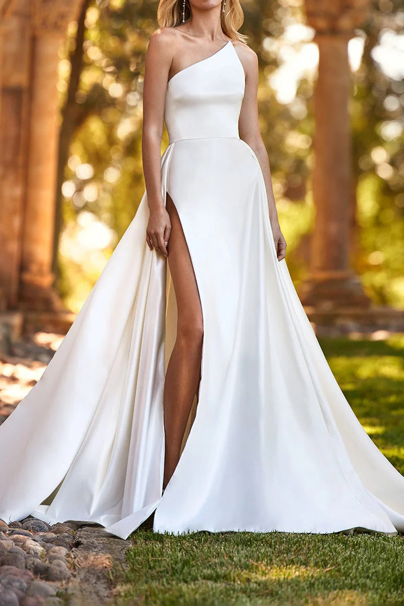 A-Line Simple One Shoulder Side Slit Satin Wedding Dress