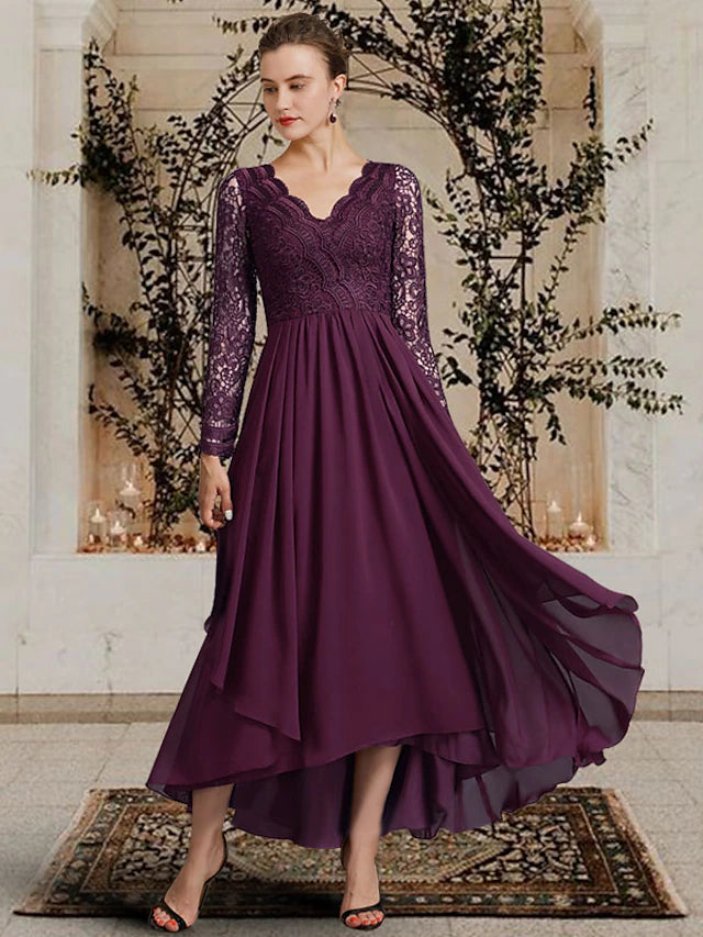 A-Line Mother of the Bride Dress Elegant High Low V Neck Asymmetrical Ankle Length Chiffon Lace Long Sleeve with Pleats