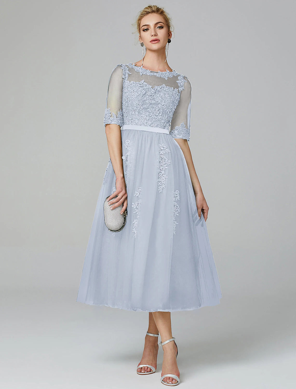 A-Line Sparkle Dress Formal Evening Kentucky Derby Tea Length Sleeveless Illusion Neck Fall Wedding Guest Lace Over Tulle with Sequin Appliques