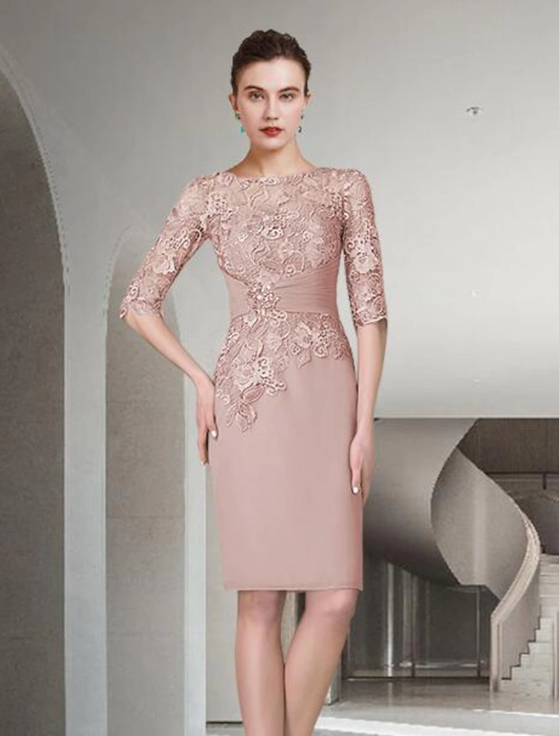 Two Piece Sheath / Column Mother of the Bride Dress Fall Wedding Guest Church Plus Size Elegant Jewel Neck Knee Length Chiffon Lace Half Sleeve Wrap Included Jacket Dresses with Ruched Appliques