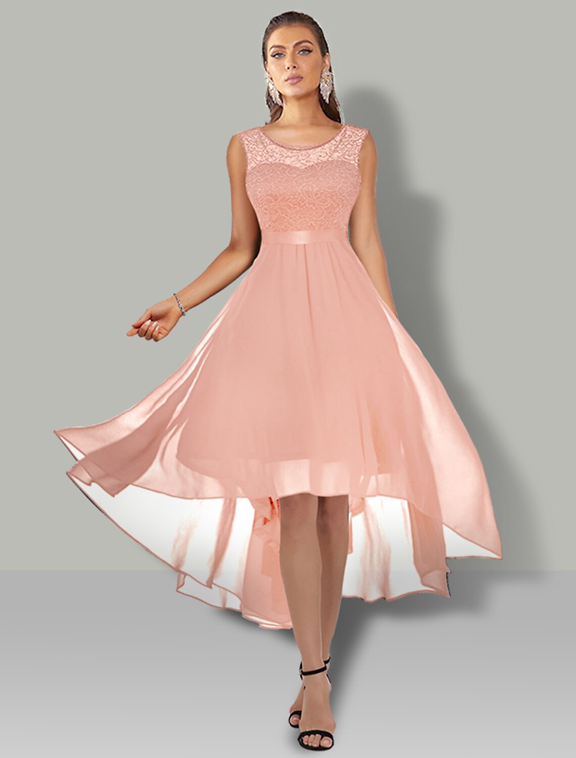 A-Line Cocktail Dresses Vintage Dress Party Wear Asymmetrical Sleeveless Jewel Neck Chiffon with Pleats Lace Insert Pure Color