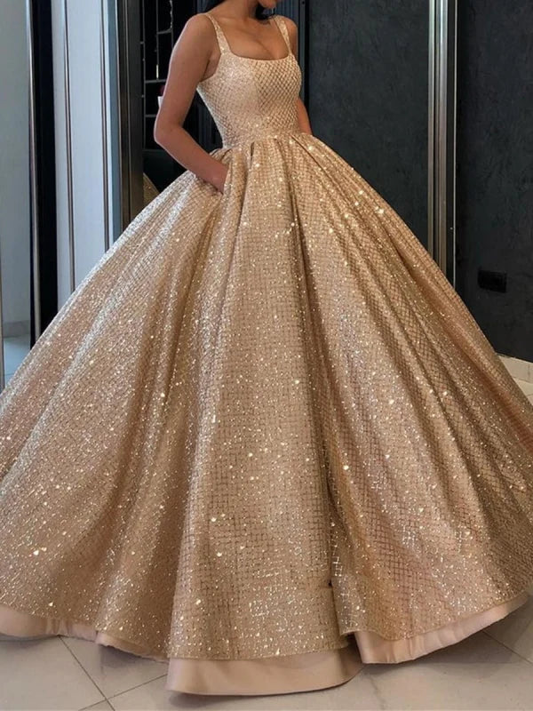Sequins Long Gown Prom Dresses with Pockets