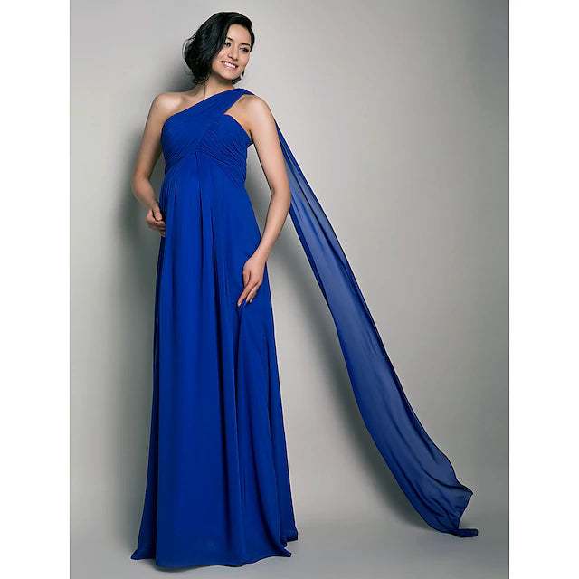 Etuikleid/Spaltenkleid für die Brautjungfer, eine Schulter, ärmellos, für Schwangere, Watteau-Schleppe/bodenlang, Chiffon mit überkreuzten/übereinander liegenden Ärmeln