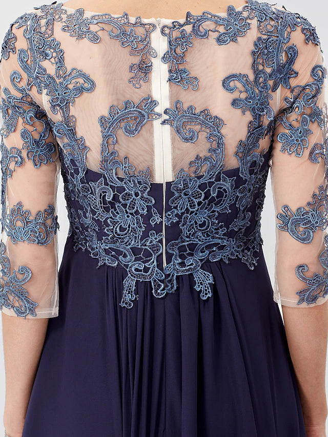 Ball Gown A-Line Mother of the Bride Dress Formal Plus Size Elegant V Neck Floor Length Chiffon Sheer Lace 3/4 Length Sleeve with Crystals Appliques