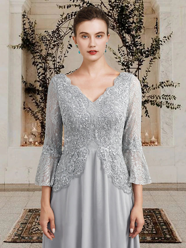 A-Line Mother of the Bride Dress Plus Size Elegant V Neck Floor Length Chiffon Lace 3/4 Length Sleeve with Pleats Sequin Appliques