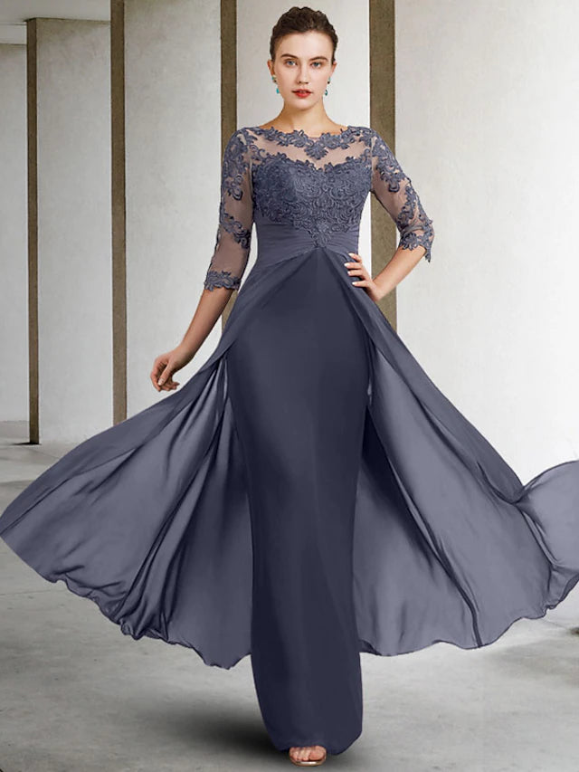 Sheath / Column Mother of the Bride Dress Elegant Jewel Neck Floor Length Chiffon Lace 3/4 Length Sleeve with Ruched Appliques