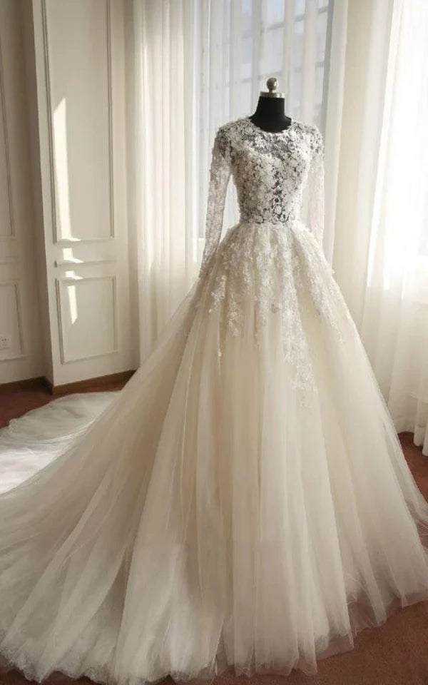 A-Line Long Sleeve Bell Beading Appliques Flower