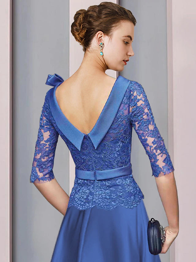 A-Line Mother of the Bride Dress Formal Church Party Elegant Jewel Neck Tea Length Satin Lace Half Sleeve with Sash / Ribbon Bow(s)