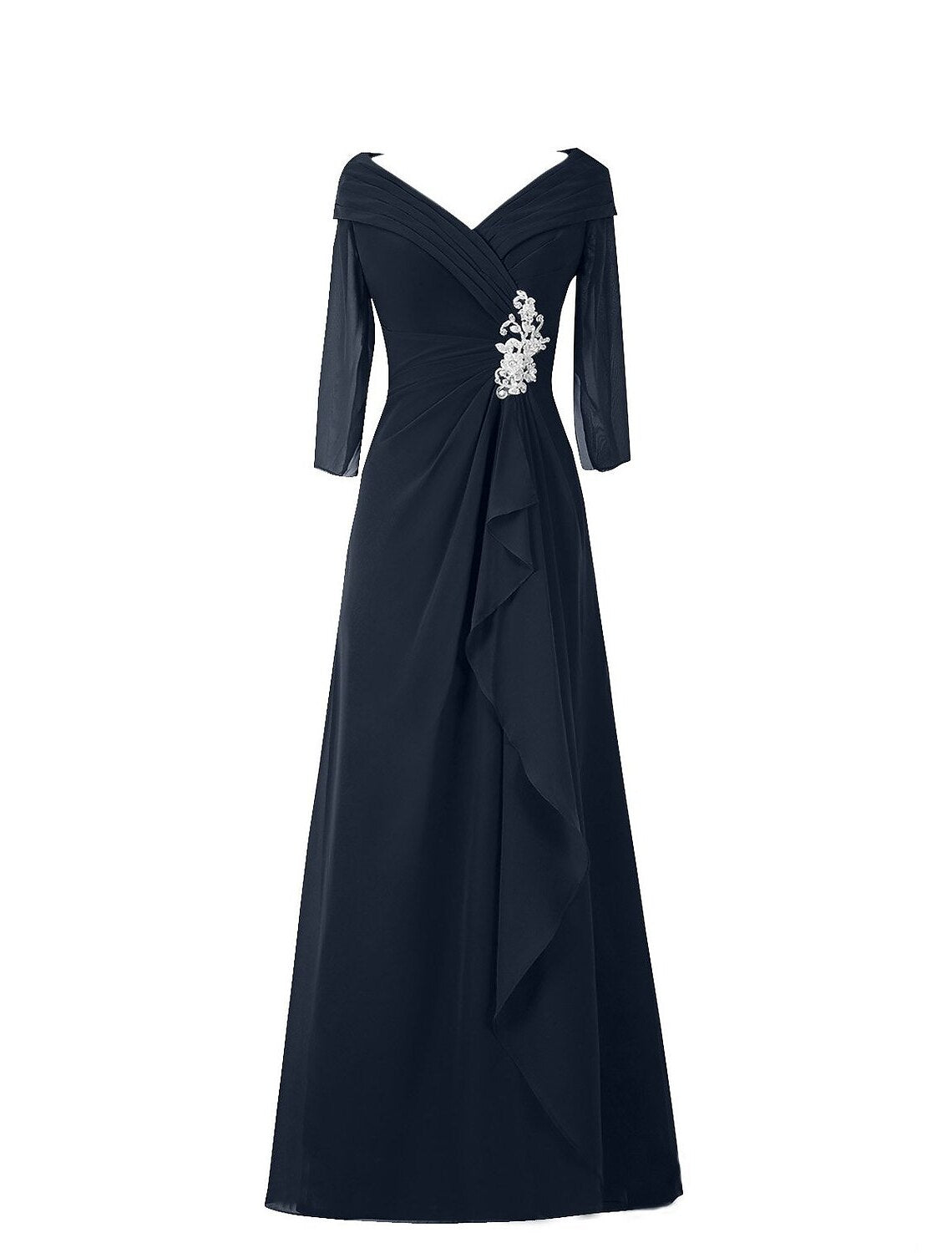 A-Line Minimalist Elegant Wedding Guest Formal Evening Dress V Neck Half Sleeve Floor Length Chiffon with Draping Appliques