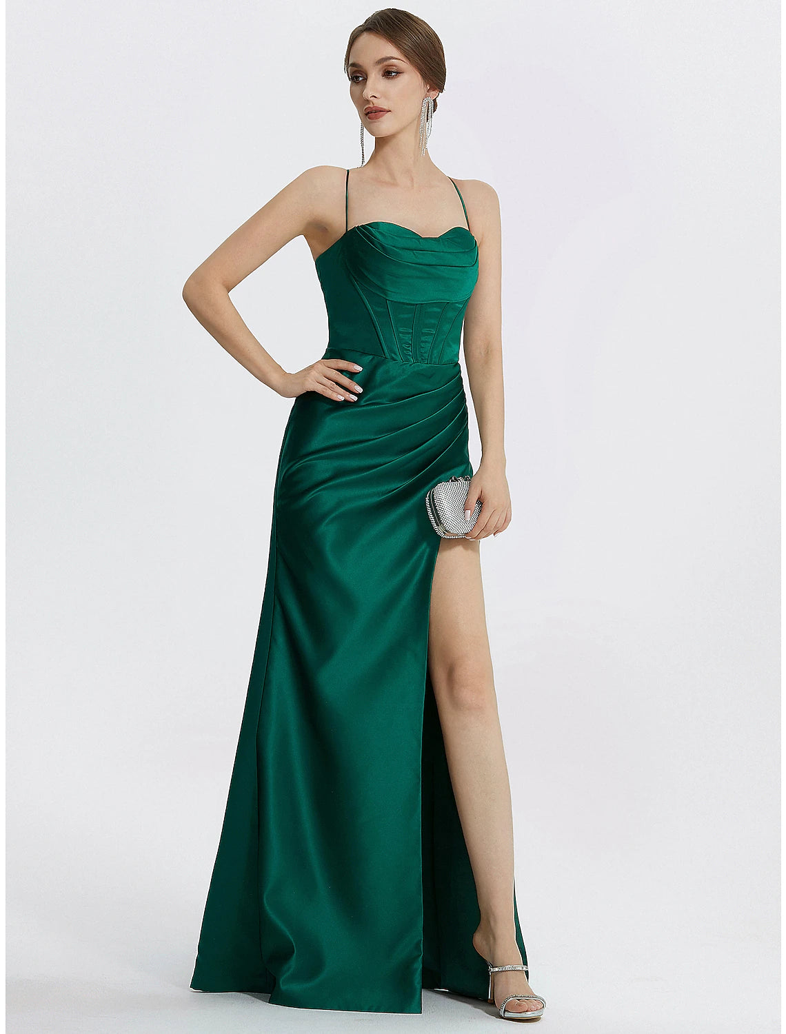 Meerjungfrau/Trompete Ballkleider Korsetts Kleid Hochzeitsgast Black Tie Bodenlang Ärmellos Wasserfallausschnitt Satin mit gerüschtem Schlitz