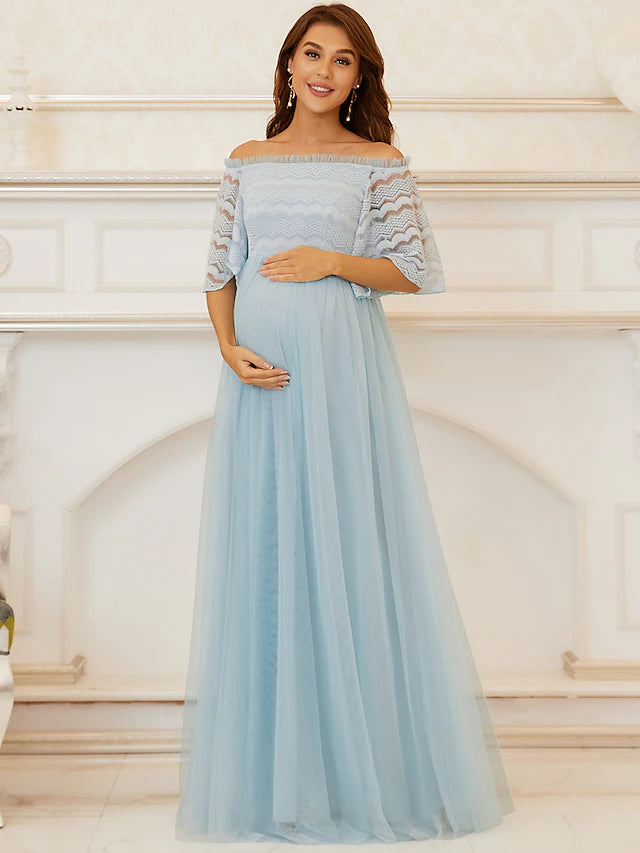A-Line Mother of the Bride Dress Maternity Elegant Off Shoulder Floor Length Lace Tulle Sleeveless with Tier