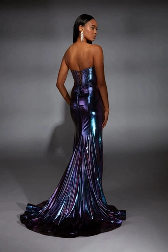 Metallic Mermaid Strapless Sweetheart Corset Lace Up Slit Long Prom Dress