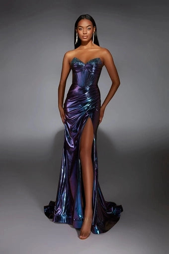 Metallic Mermaid Strapless Sweetheart Corset Lace Up Slit Long Prom Dress
