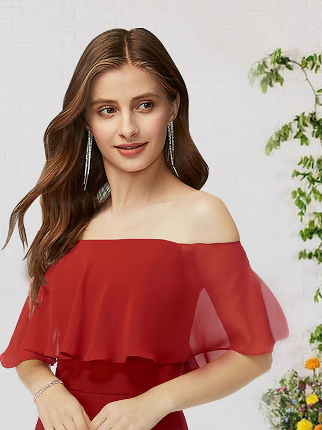 A-Linie Brautjungfernkleid Schulterfrei Ärmellos Elegant Bodenlang Chiffon mit Rüschen