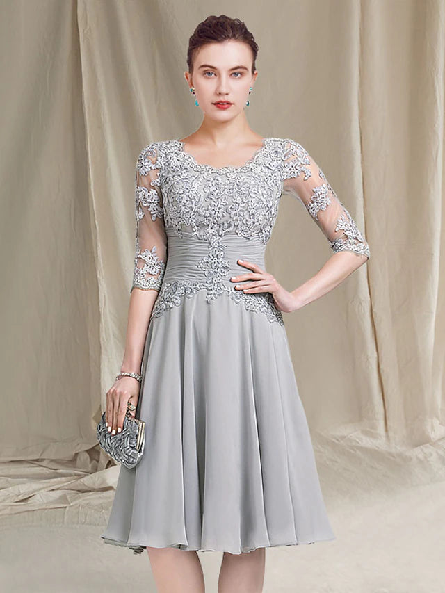 A-Line Mother of the Bride Dress Elegant Square Neck Knee Length Chiffon Lace Half Sleeve with Ruched Appliques