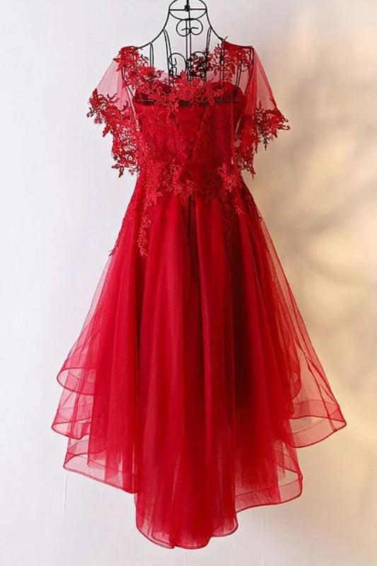 Sweetheart Appliques High Low Lace Up Back Tulle Prom Dress