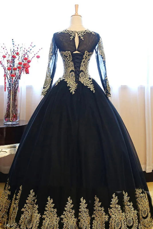 Tüll Ballkleid mit langen Ärmeln Prinzessin Spitzenapplikationen Ballkleid