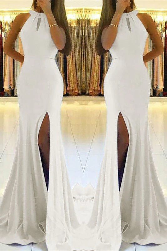 Mermaid Halter Neck Slit Ball Gown Prom Dresses
