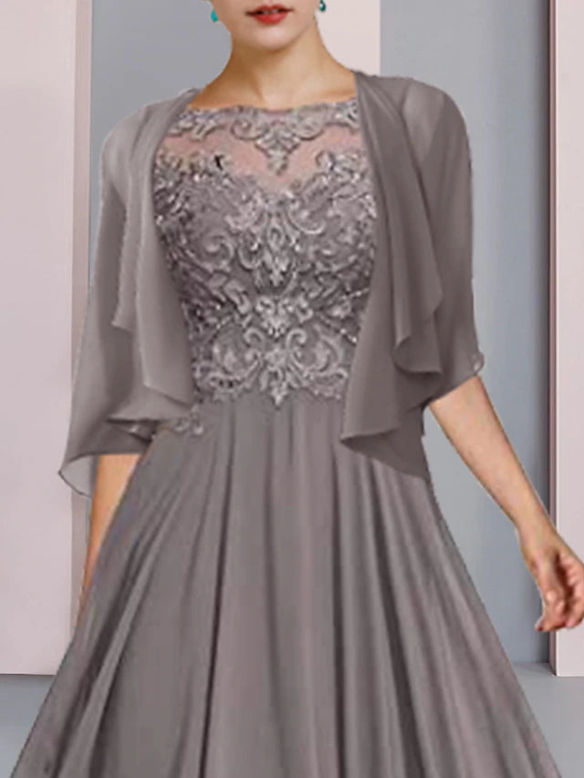 A-Line Mother of the Bride Dress Formal Wedding Guest Elegant Scoop Neck Floor Length Chiffon Lace Half Sleeve Wrap Included with Pleats Beading Appliques
