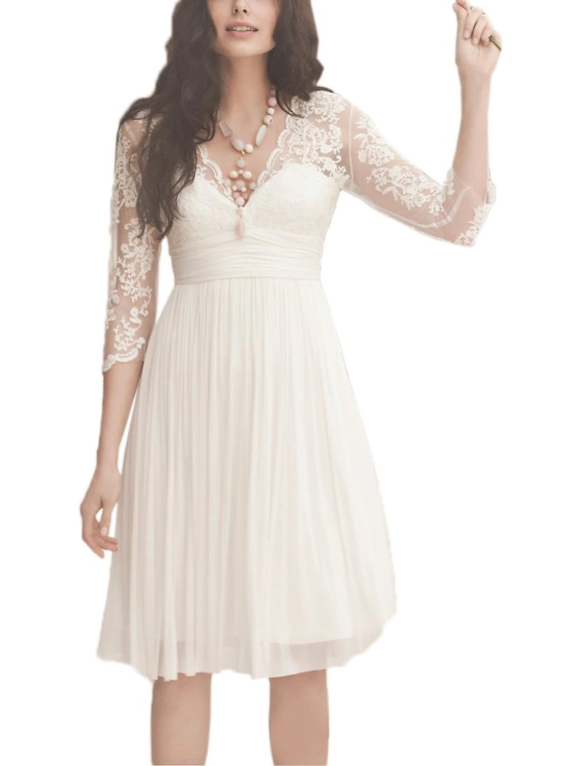 Empfang Offener Rücken Kleine Weiße Kleider Brautkleider A-Linie V-Ausschnitt 3/4 Länge Ärmel Knielang Chiffon Brautkleider Mit Rüschen