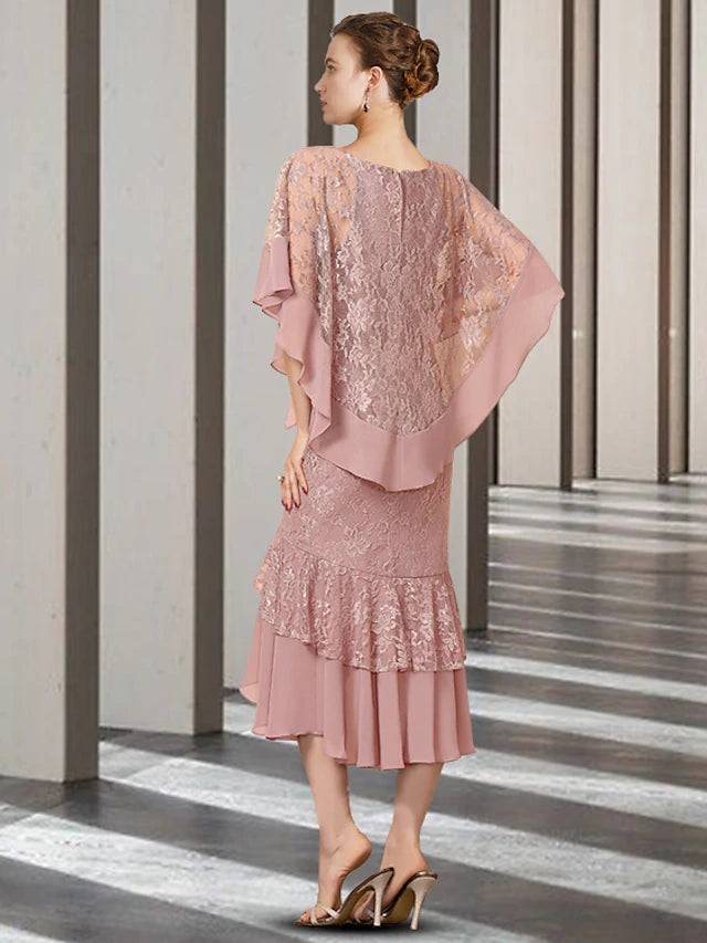Sheath / Column Mother of the Bride Dress Elegant High Low Jewel Neck Asymmetrical Tea Length Chiffon Lace Half Sleeve Wrap Included with Beading Ruffles Appliques